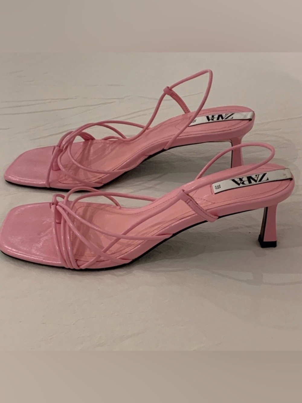 ZARA Pink Strappy Kitten Heel Sandals Size 40 | Square Toe Minimal Heels Barbie - Picture 2 of 4